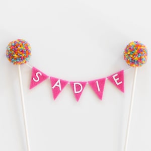 CUSTOM Flag Cake Topper with Pom Poms Triangle or Square Flags for Birthday, Graduation, Holiday Cake Decor image 5