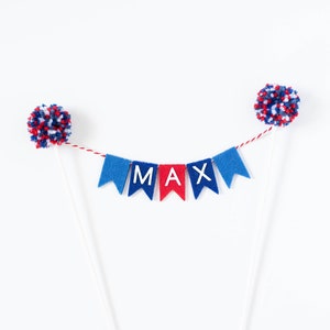 CUSTOM Flag Cake Topper with Pom Poms Triangle or Square Flags for Birthday, Graduation, Holiday Cake Decor image 2