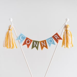 Personalized Name Felt Flag Pennant & Tassel Cake Topper - Boho | Handmade First Birthday, Graduation Decor, Holiday
