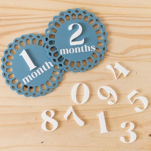 Marcadores de hitos mensuales intercambiables de acrílico vintage Doily / Regalo para baby shower / Marcadores de hitos de 1 mes a 1 año como accesorio fotográfico
