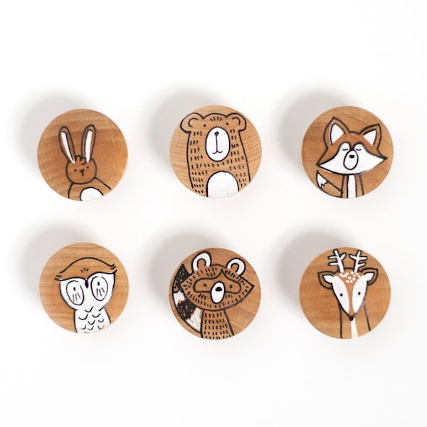 Woodland Forest Critter Nursery Knobs - Hand Painted Boho Bear, Deer, Raccoon, Rabbit, Owl, and Fox