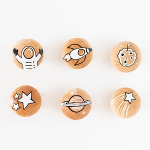 Boy Nursery Astronaut Outer Space Wood Knobs Pulls | Hand Painted Astronaut, Moon, Stars, Rocket, Saturn, Shooting Star