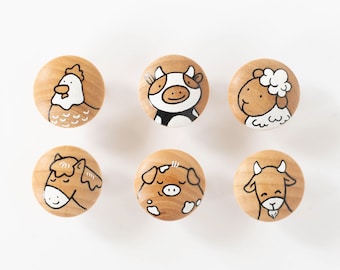 Farm Barnyard Animals Hand Painted Wood Knobs Pulls - Cow, Pig, Chicken, Goat, Horse, and Sheep