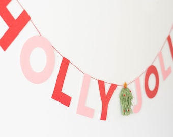 Holly Jolly Boho Pink and Red Christmas Tree Glitter Letter Sign