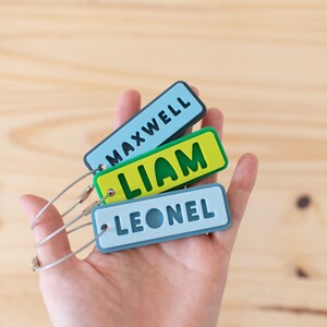 May include: Three rectangular luggage tags with rounded corners, each featuring a metal wire loop. The top tag is light blue with the name MAXWELL, the middle is bright green with LIAM, and the bottom is light blue with the name LEONEL.