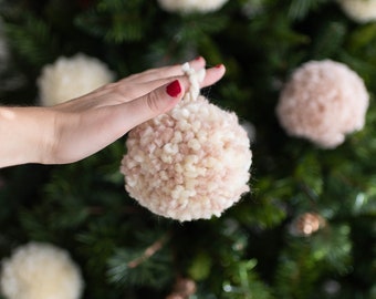 Blush Pink & Cream Boho Christmas Tree Pom Pom Ornaments