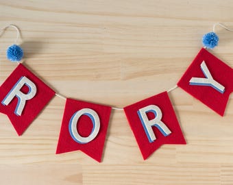 CUSTOM Layered Name Felt Flag Square Banner with Pom Poms | Children & Baby Nursery Decor Birthday Party, Back to School, Business Banner