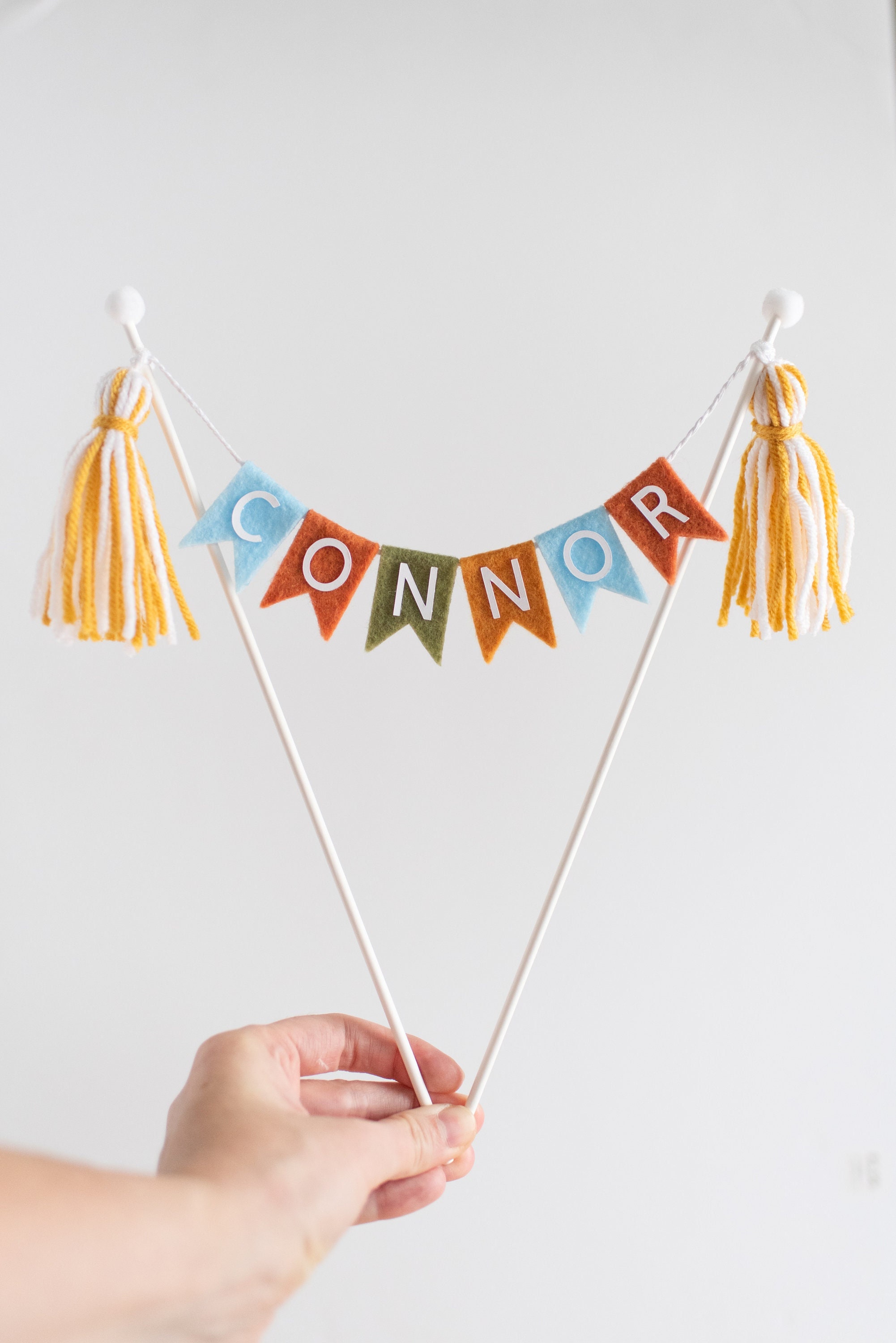 Personalized Name Felt Flag Pennant & Tassel Cake Topper - Boho | Handmade First Birthday, Graduation Decor, Holiday