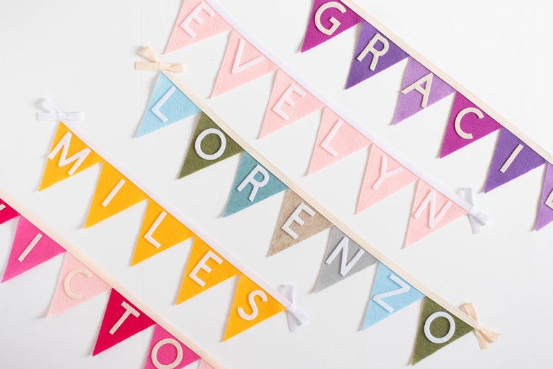 Personalized Name Word 4 Triangle Felt Flag Banner with Border Children and Baby Bedroom, Party Decor, Back to School, and Graduation image 4