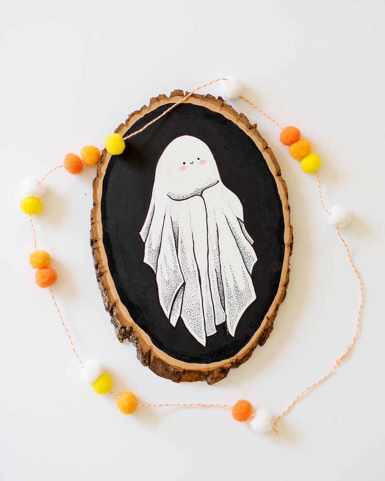 Hand Painted Blushing Ghost on Wooden Log Slice Wall Hanging Etsy