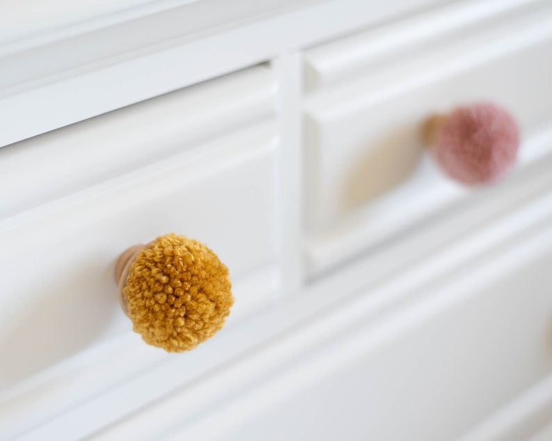 CUSTOM SOLID Pom Pom Dresser Drawer Cabinet Pulls for Nursery and Boho Bedroom Decor image 1