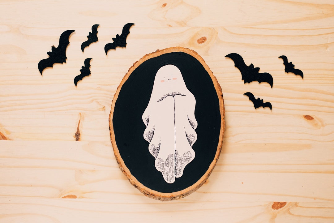 Hand Painted Cute Blushing Ghost on Wooden Log Slice Wall Etsy