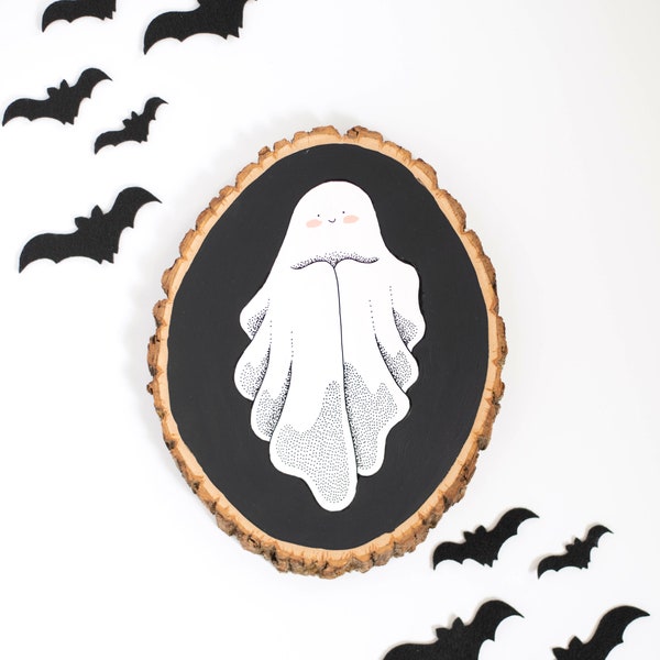 Dipinto a mano, simpatico fantasma timido di Halloween, da appendere alla parete / Decorazione di Halloween, dipinto su legno / Halloween per interni
