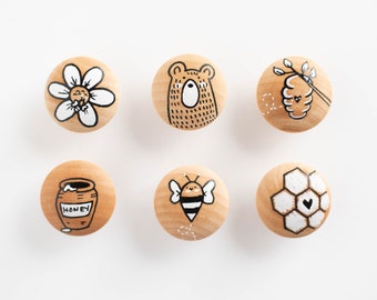 Honey Bee Bear Themed Nursery Wood Hand Painted Knobs for Dressers and Cabinets