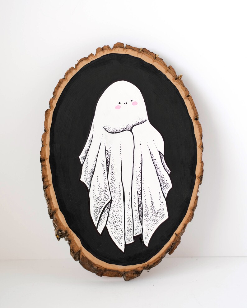 Hand Painted Blushing Ghost on Wooden Log Slice Wall Hanging Etsy