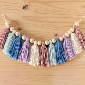 CUSTOM Tassel Garland with Wood Beads | Birthday High Chair, Book shelf, Kid&#39;s Bedroom Nursery Decor | Choose Your Colors and Length