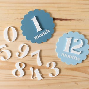Marcadores de hitos mensuales intercambiables de acrílico con círculo festoneado / Regalo para baby shower / Marcadores de hitos de 1 mes a 1 año como accesorio fotográfico