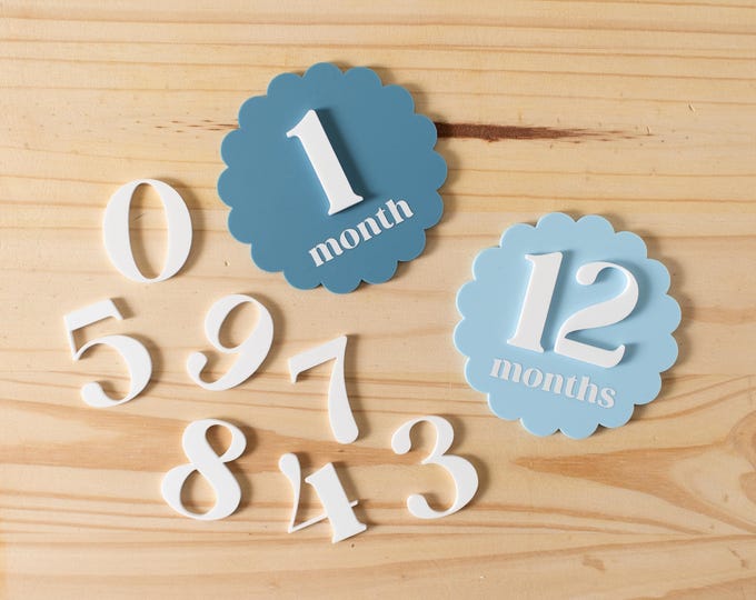 Scalloped Circle Acrylic Interchangeable Monthly Milestone Markers | Newborn Baby Shower Gift | 1 Month-1 Year Milestone Markers Photo Prop