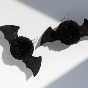 Handmade Bat Pom Pom Black Halloween Spooky Season Dangle Earrings