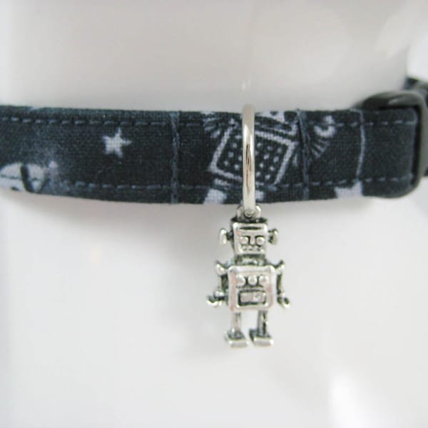 Cat Collar - Black Silver Gray Robots with a Silver Robot Charm - Safety Release collar with Spooky Halloween Charm for your Special Kitty