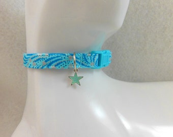 Cat Collar - Aqua Metallic or Black,Orange,White Glow in the Dark Stars with Black or Glow Star Charm - Safety Release collar for your Kitty