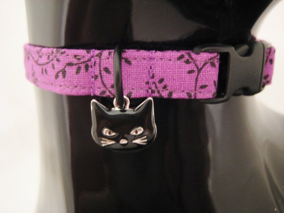 Cat Collar - Black and Purple Spooky Fabrics with Scary Black Cat Charm - Halloween Safety Release collar and Charm for your Special Kitty