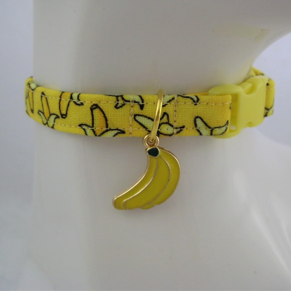 Cat Collar -  Yellow with Brown Bananas with Chocolate Chunk or Enamel Banana Charm - Safety Release collar with Bell for your Special Kitty