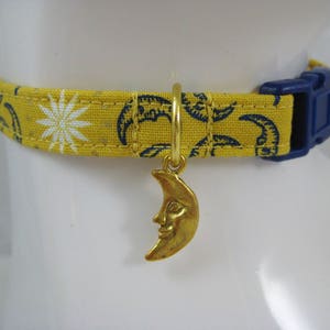 Cat Collar - Yellow or Cream Moons, Stars and Metallic Floral with Silver or Gold Moon Charm - Safety Release collar for your Special Kitty