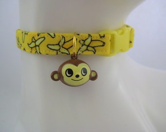 Cat Collar -  Yellow with Brown Bananas with Brown Monkey Bell Charm - Safety Release collar with Bell for your Special Kitty