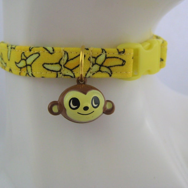 Cat Collar -  Yellow with Brown Bananas with Brown Monkey Bell Charm - Safety Release collar with Bell for your Special Kitty