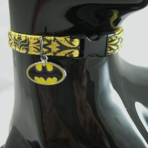 Cat Collar -  Batcat with Black or Blue Bats with a Silver or Yellow Enamel Superhero Charm - Safety Release collar for your Special Kitty