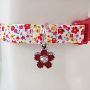 Cat Collar - Red or Black Springtime Floral with a Red or Aqua Enamel Rhinestone Flower Charm - Safety Release collar for your Special Kitty