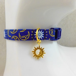 Cat Collar - Blue or Navy Moons and Metallic Floral with Silver or Gold Radiant Moon Charm - Safety Release collar for your Special Kitty