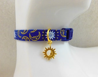 Cat Collar - Blue or Navy Moons and Metallic Floral with Silver or Gold Radiant Moon Charm - Safety Release collar for your Special Kitty