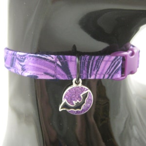 Cat Collar - Dark Purple Swirls or Floral with Purple Bat Charm - Handmade Fabric Safety Release collar and Charm for your Special Kitty