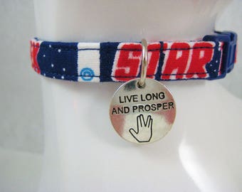 Cat Collar - Vintage Blue Star Trek Fabric with 'Live Long and Prosper' Silver Tag Charm - Safety Release collar for your Special Kitty