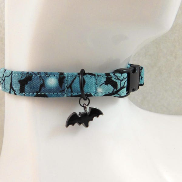 Cat Collar - Dusky Blue with Black Bats, Branches and Moons with a Bat Charm - Safety Release collar and Charm for your Spooky Special Kitty
