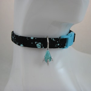 Cat Collar - Black or Aqua Space Fabric with Silver and Aqua Spaceship Rocket Charm - Safety Release collar with Charm for your Cadet Kitty