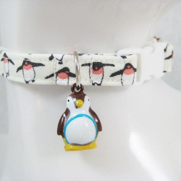 Cat Collar -  White with Brown and Pink Penguins with a Brown Penguin Bell - Safety Release collar with Bell for your Special Kitty