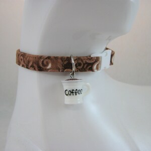 Cat Collar Coffee Motifs with Coffee Cup Charms in Black, Brown, Blue, White, Green Safety Release collar for your Active Special Kitty Brown