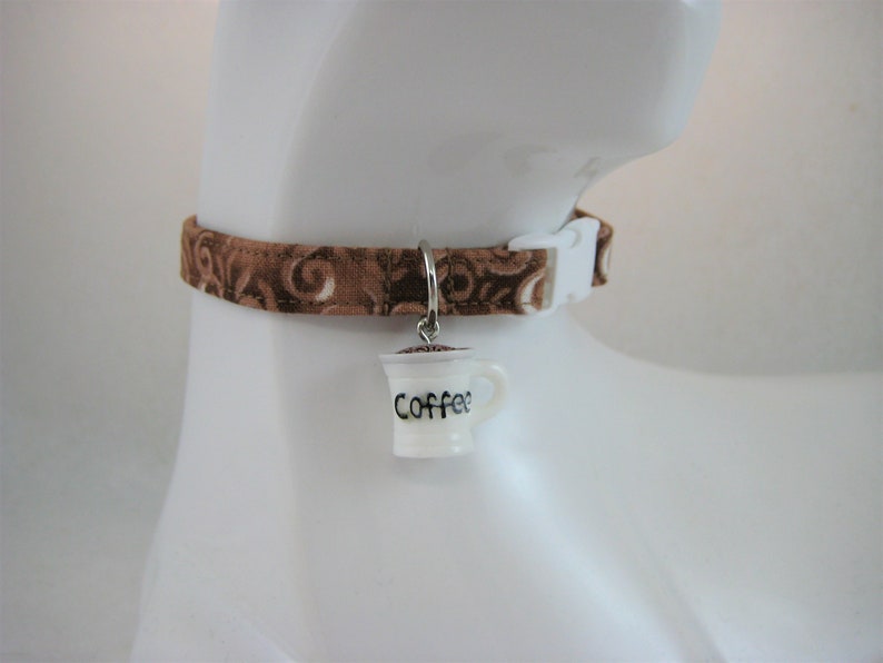 Cat Collar Coffee Motifs with Coffee Cup Charms in Black, Brown, Blue, White, Green Safety Release collar for your Active Special Kitty Brown