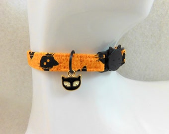 Cat Collar - Black or Orange with Black or White Cat Faces with a Gold Cat Face Charm - Handmade Fabric Safety Release Collar for your Kitty