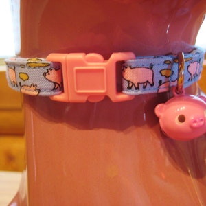 Cat Collar -  Blue and Pink or Green and Pink Pig Print with Pink Piggy Bell - Safety Release collar with Animal Bell for your Special Kitty