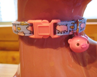 Cat Collar -  Blue and Pink or Green and Pink Pig Print with Pink Piggy Bell - Safety Release collar with Animal Bell for your Special Kitty