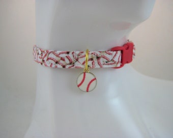 Cat Collar -  White and Red Baseballs with a White and Red Baseball Charm - Safety Release collar with Charm for your Special Kitty