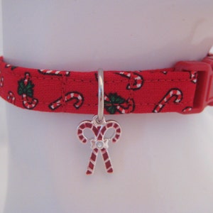 Cat Collar -  Red Candy Canes or Candy Cane Stripe with Candy Cane Charm - Safety Release collar with Charm for your Special Kitty