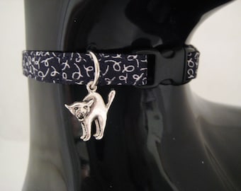 Cat Collar - Black,Orange and Purple Spooky Fabrics with Scary Cat Charm - Halloween Safety Release collar and Charm for your Special Kitty