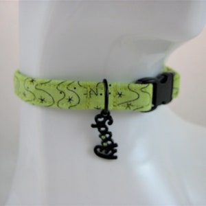 May include: A lime green pet collar with a black plastic buckle and a black metal charm that says "Spooky". The collar features a repeating pattern of black squiggles and stars.