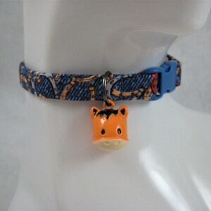 Cat Collar -  Horseshoes in Denim Blue and Cream with Horse Pony Bell - Safety Release collar with Bell for your Special Kitty