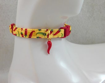 Cat Collar - Blue or Yellow with Red Chili Peppers with Red Chili Pepper Charm - Safety Release collar with Charm for your Sweet Kitty